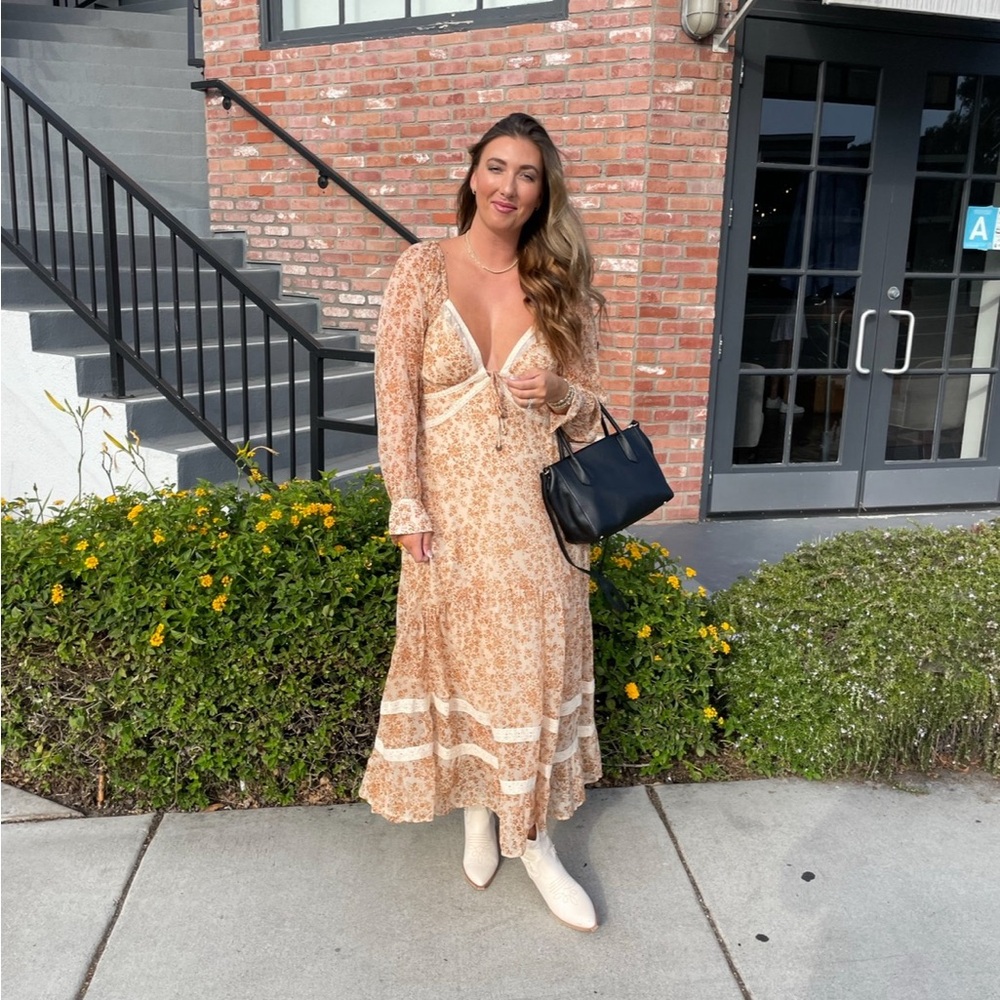 Free People Floral Long Sleeve Dress - Cream and Brown